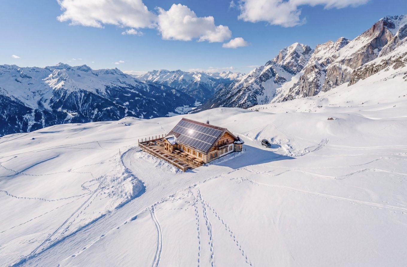 Schneebedeckte Hütte in einer winterlichen Landschaft