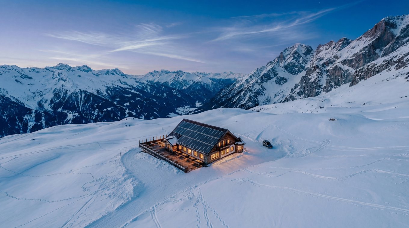 Schneebedeckte Hütte auf einem Berg mit bewaldeten Hängen im Hintergrund