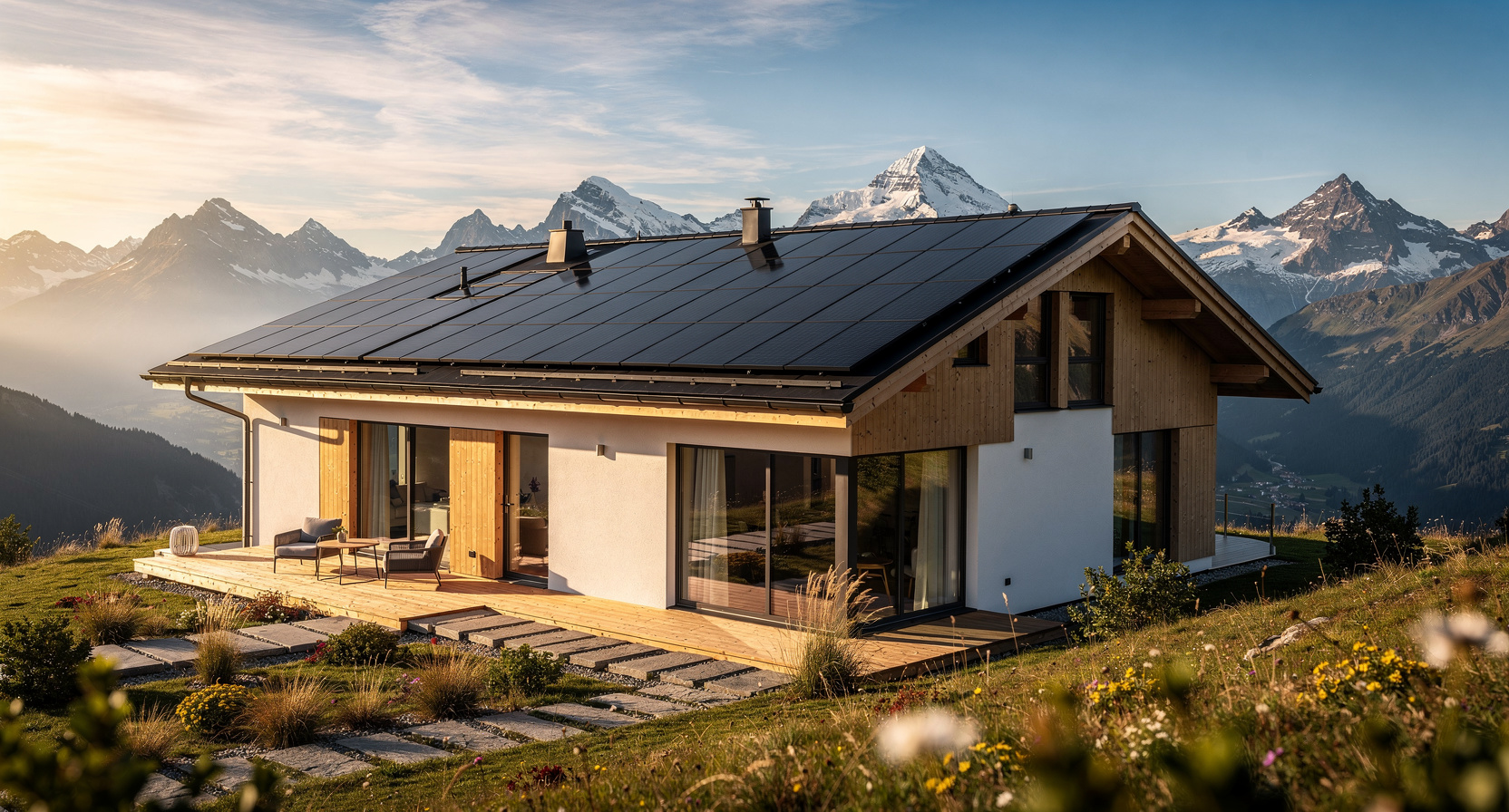 Einfamilienhaus mit Photovoltaik-Anlage und Tiroler Alpen im Hintergrund