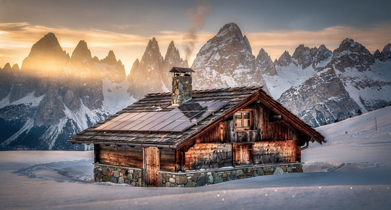 Authentische Tiroler Almhütte mit Dach-Photovoltaikanlage und Steinkamin im Winter, dramatische Kalkgipfel im goldenen Morgenlicht