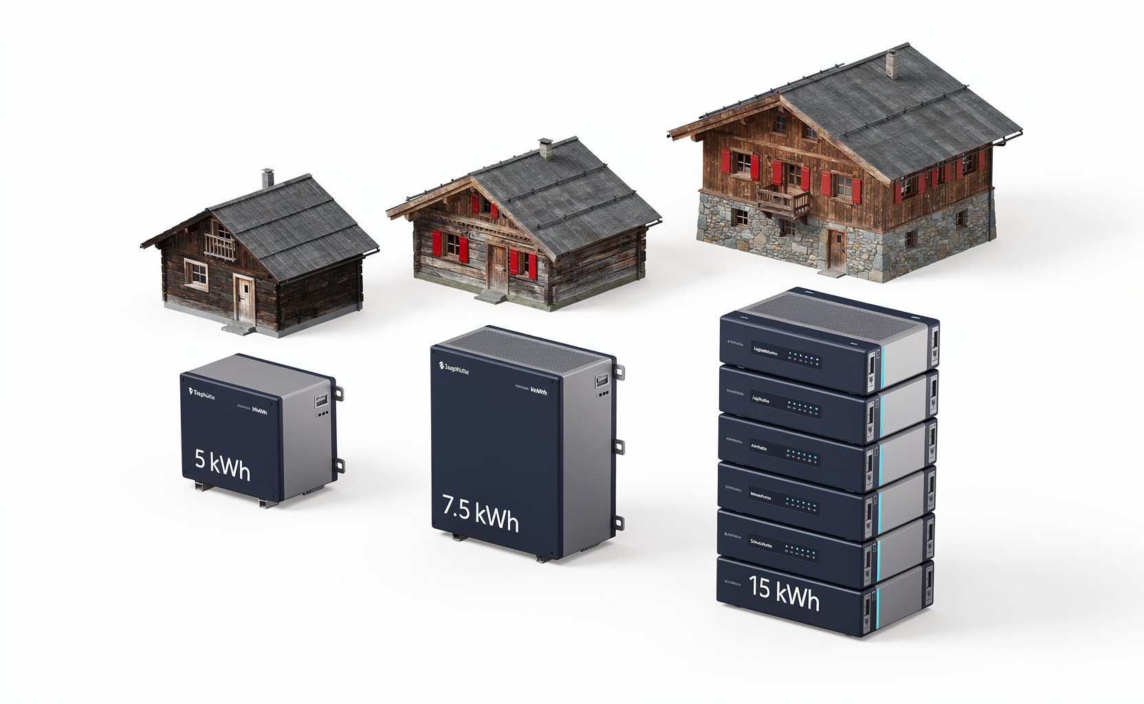 3D-Vergleich: Jagdhütte mit 5 kWh, Almhütte mit 7,5 kWh und ganzjährig bewohnte Schutzhütte mit 10-15 kWh Batteriespeicher