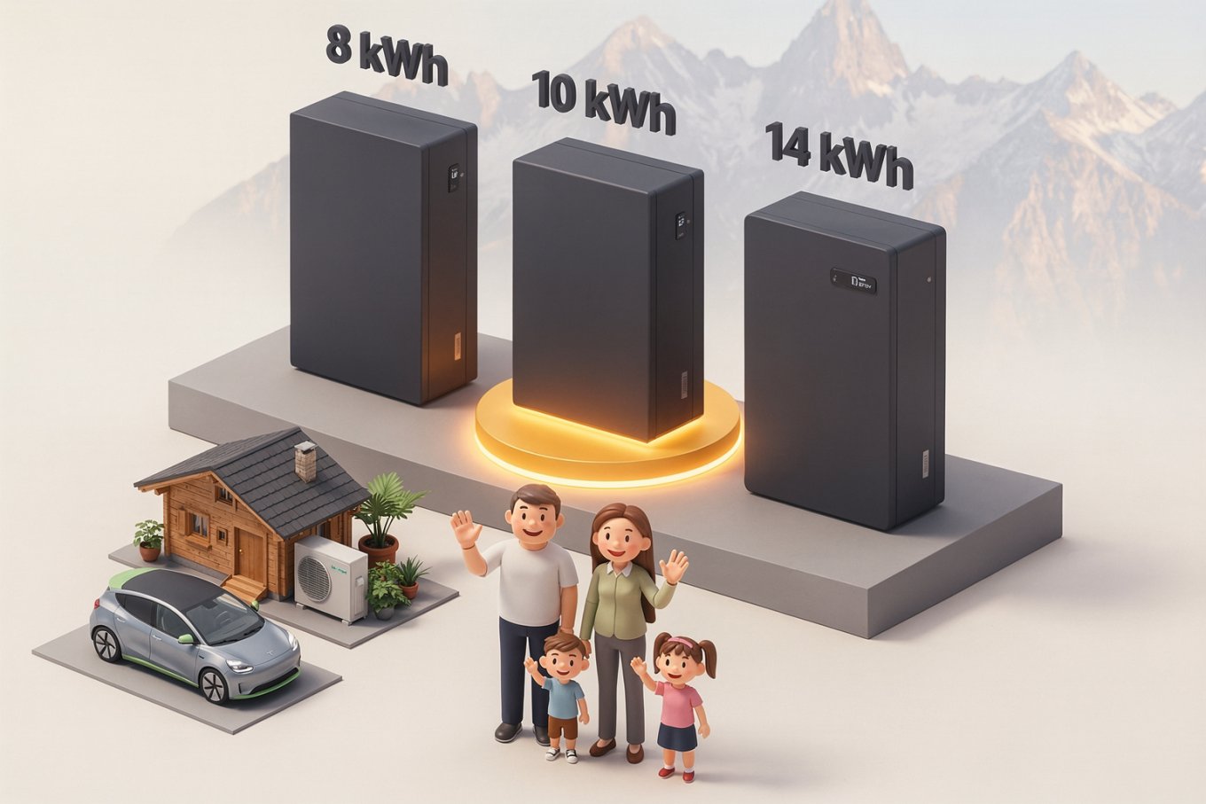 3D-Infografik: Drei Stromspeicher mit 8, 10 und 14 kWh auf einem Podest, der 10 kWh-Speicher mittig auf einem warm leuchtenden Sockel als empfohlene Größe für einen Tiroler Vier-Personen-Haushalt mit Wärmepumpe und E-Auto